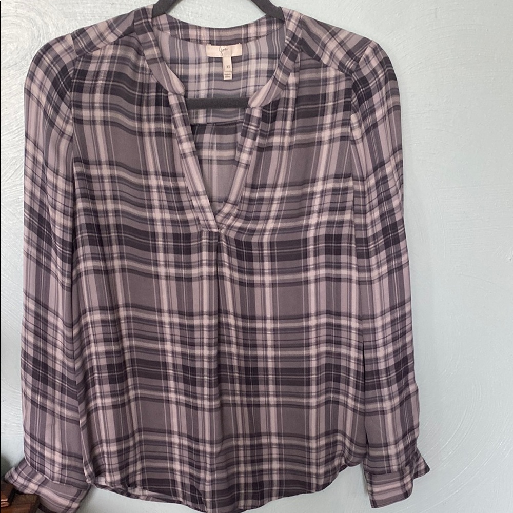 Joie Gray and White Checkered V-Neck Blouse